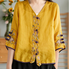 Φόρτωση εικόνας στο εργαλείο προβολής Συλλογής, Γυναικείο Κίτρινο πουκάμισο με κέντημα Ramie Cardigan
